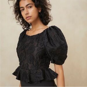 Loeffler Randall Marie Black Sheer Floral Gathered Puff Sleeve Top